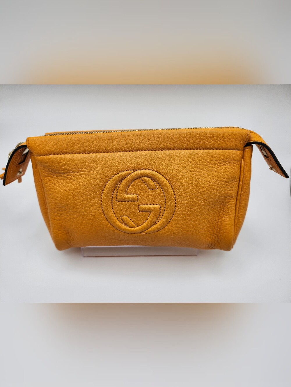 Gucci Soho Cosmetic Clutch Bag Yellow/Orange Leather W Chain & Cert Of Authen - Picture 6 of 16